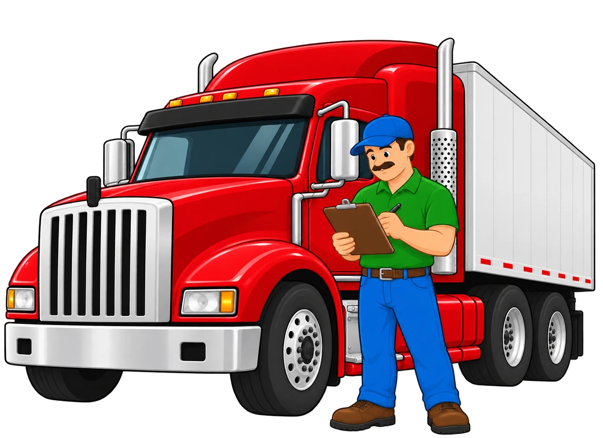 DOT Annual Inspection Training online course: mechanic with a clipboard inspecting a semi truck