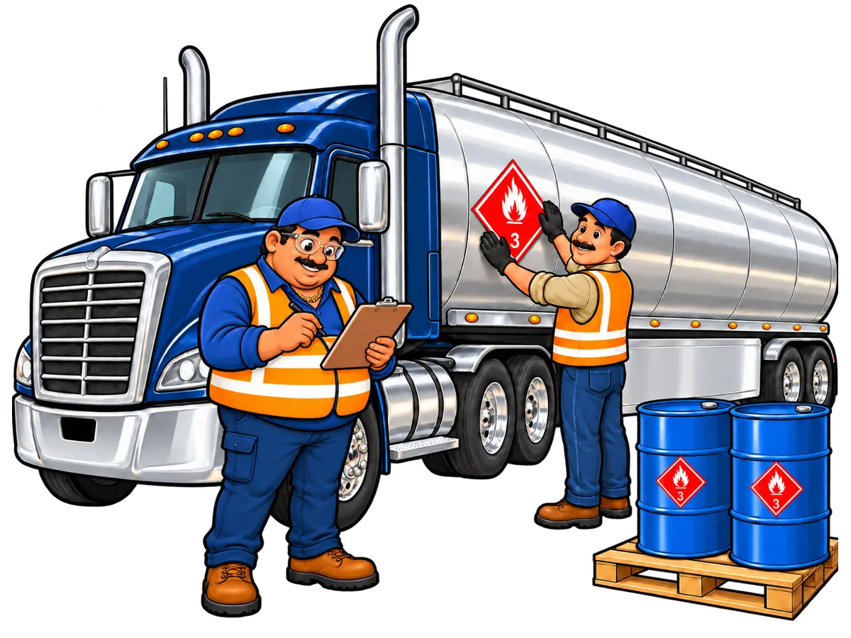 DOT hazmat training: a worker puts a Class 3 flammable placard on a tank truck while the driver checks the shipping paper