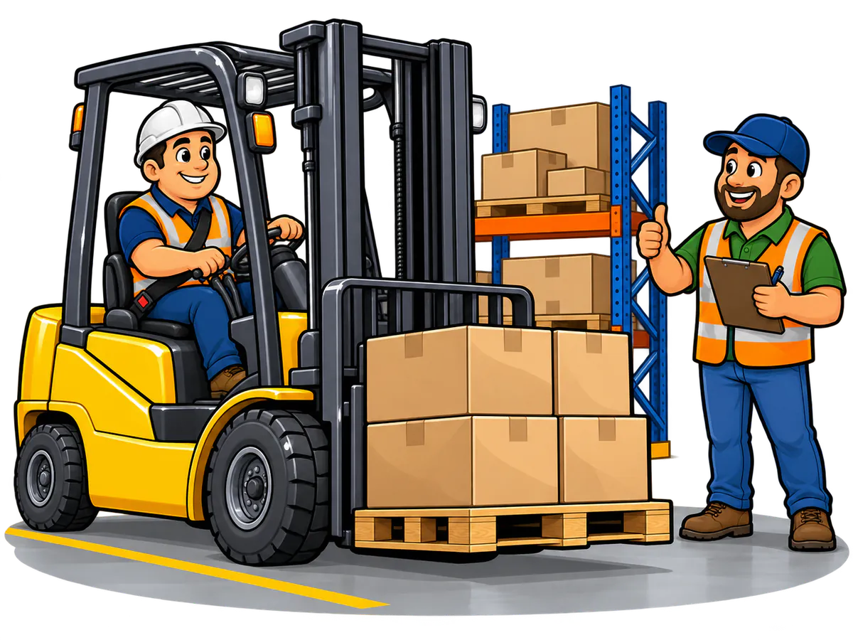 Forklift operator training: an operator drives a counterbalance forklift while a trainer with a clipboard gives a thumbs up