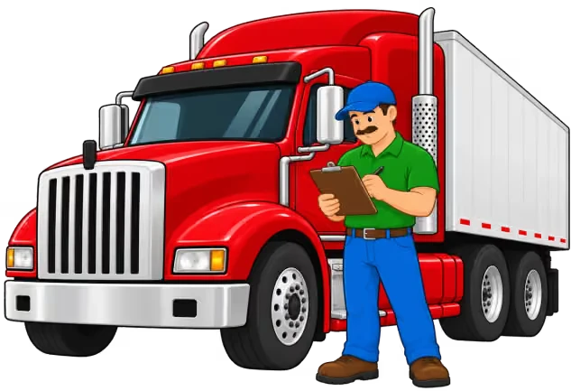 Qualified inspector performing a DOT annual inspection on a semi truck